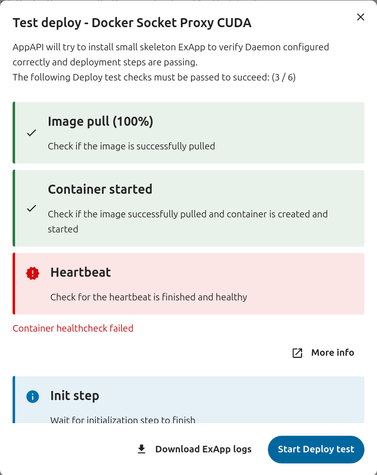 AppAPI test deploy modal showing deployment status checks