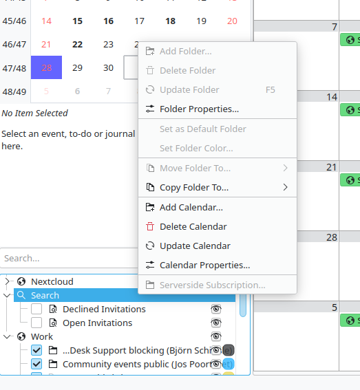 KOrganizer calendar list context menu with Add option