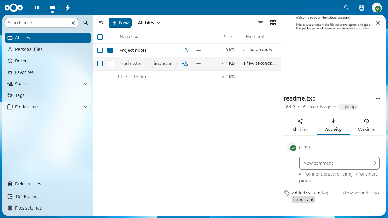 The Activity tab in the Files sidebar showing per-file events.