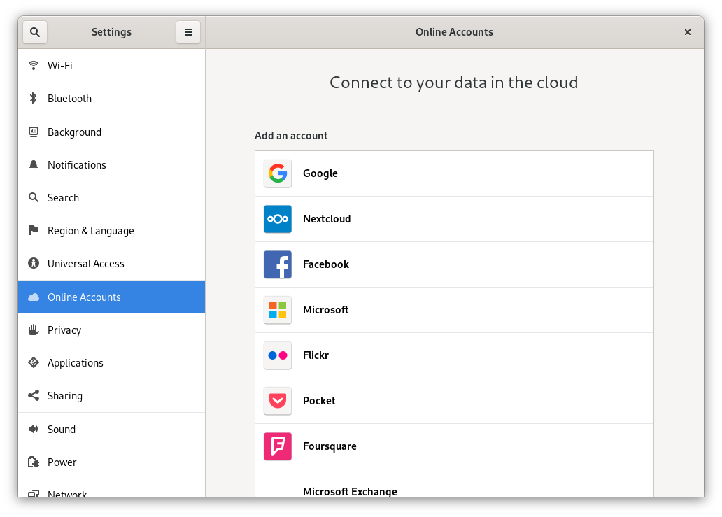 GNOME Settings Online Accounts page with Nextcloud listed under available providers